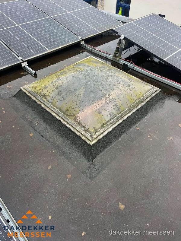 Vervuilde lichtkoepel op plat dak met zonnepanelen in Meerssen Vervuilde lichtkoepel op plat dak met zonnepanelen in Meerssen
