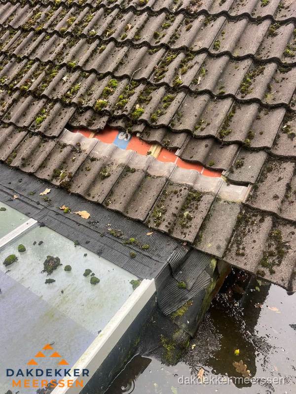 Beschadigd pannendak met ontbrekende dakpannen voor reparatie in Meerssen Beschadigd pannendak met ontbrekende dakpannen voor reparatie in Meerssen